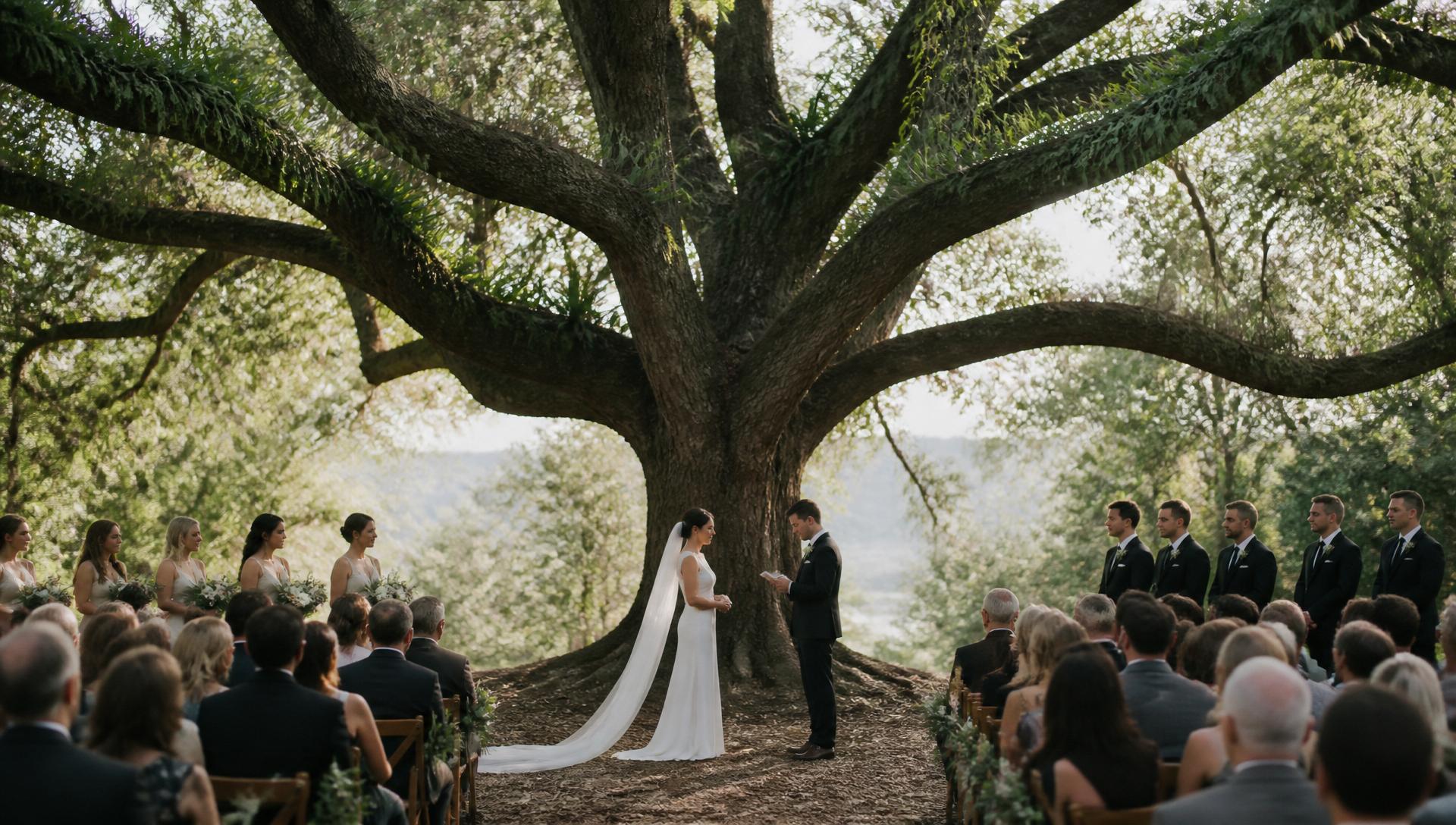 A couple exchanging vows beneath an oak tree, guests looking on