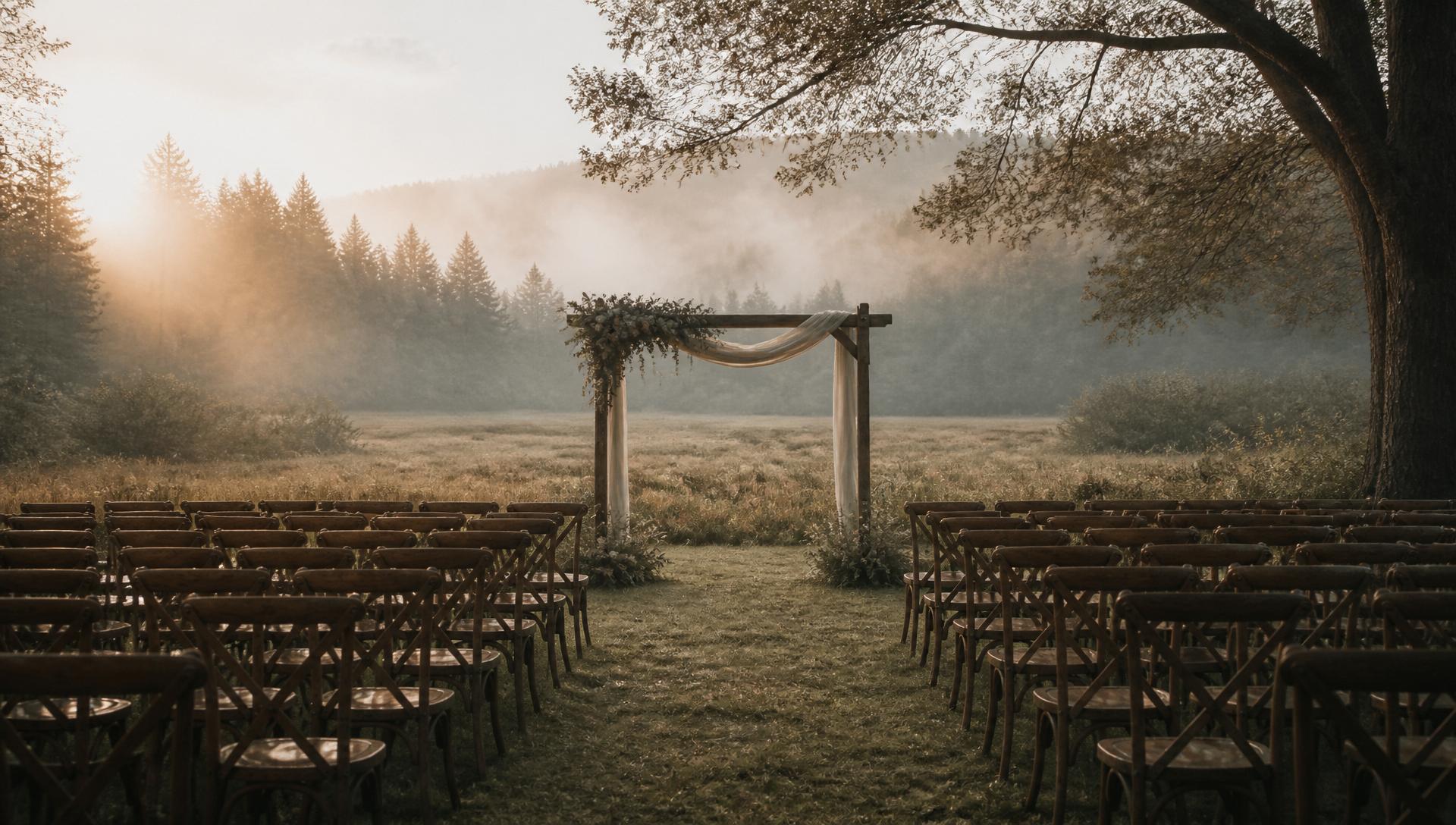 An empty ceremony aisle at dusk, framed by trees