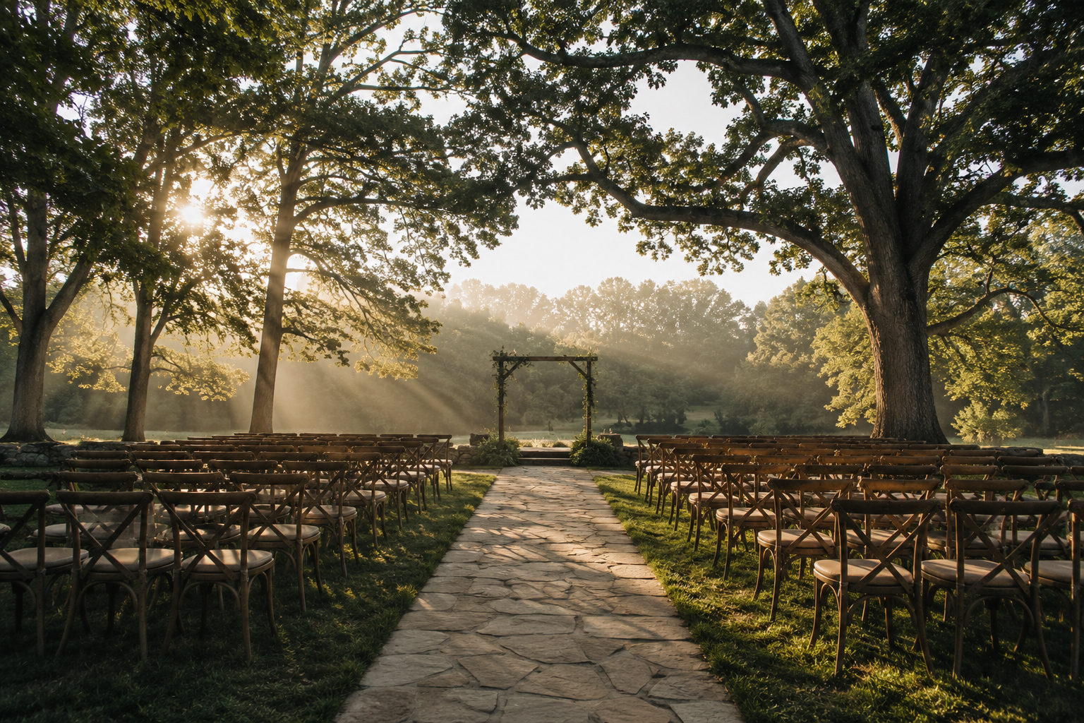 Rows of wooden chairs under an enormous oak tree at golden hour, arranged for an outdoor wedding ceremony