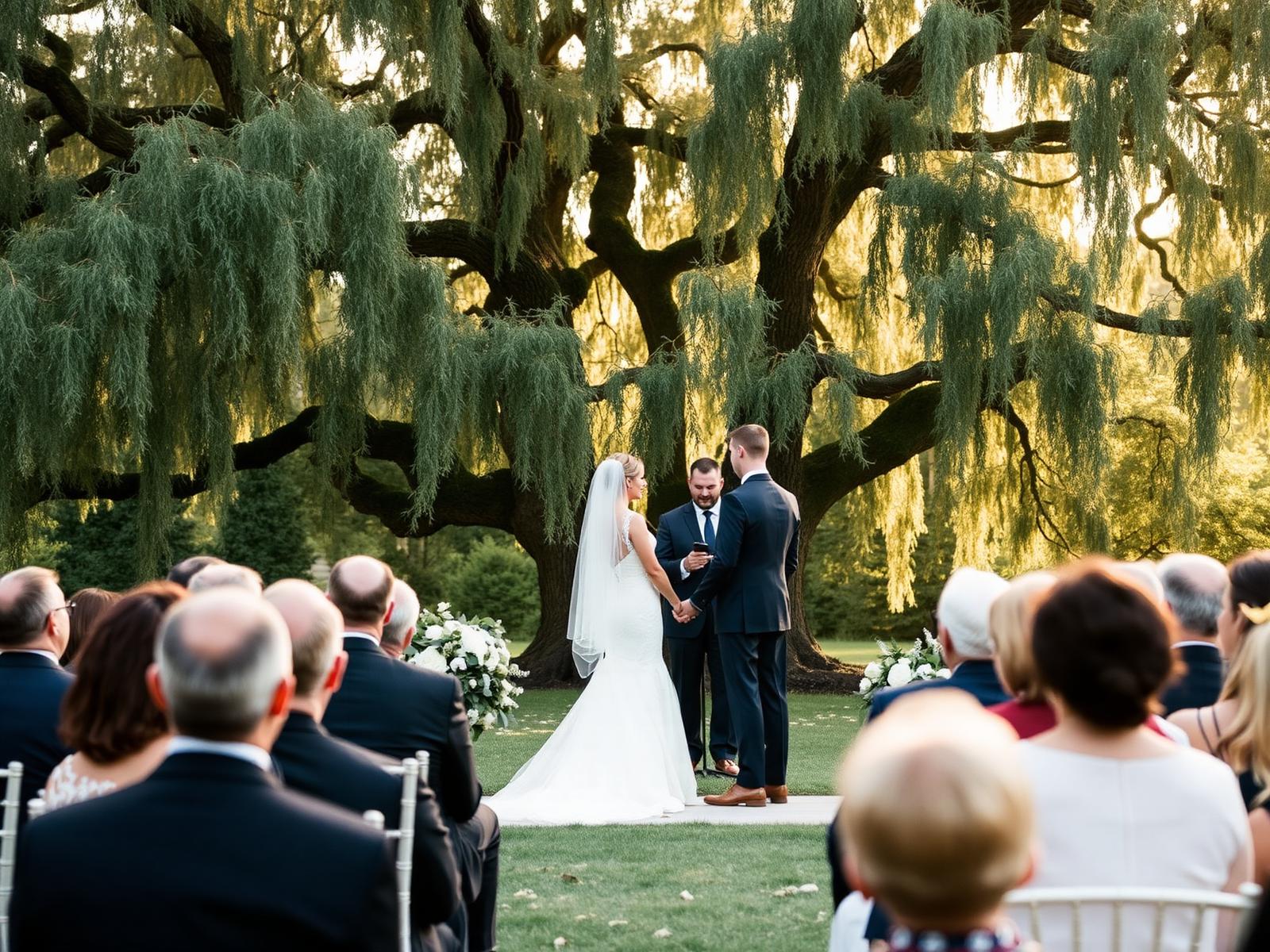 A couple exchanging vows under a canopy of trees at golden hour