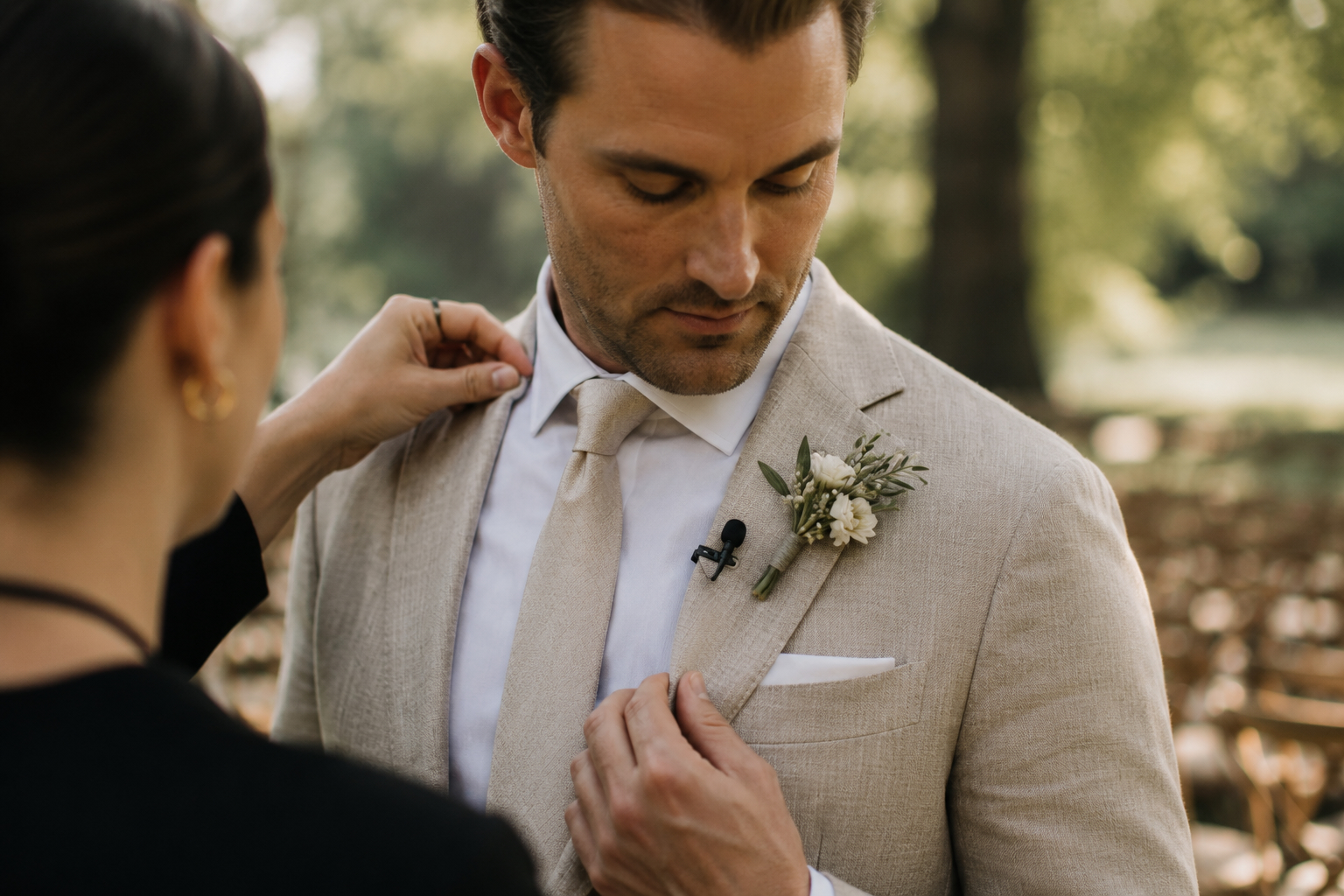 Close-up of a discreet lavalier microphone on a groom's lapel