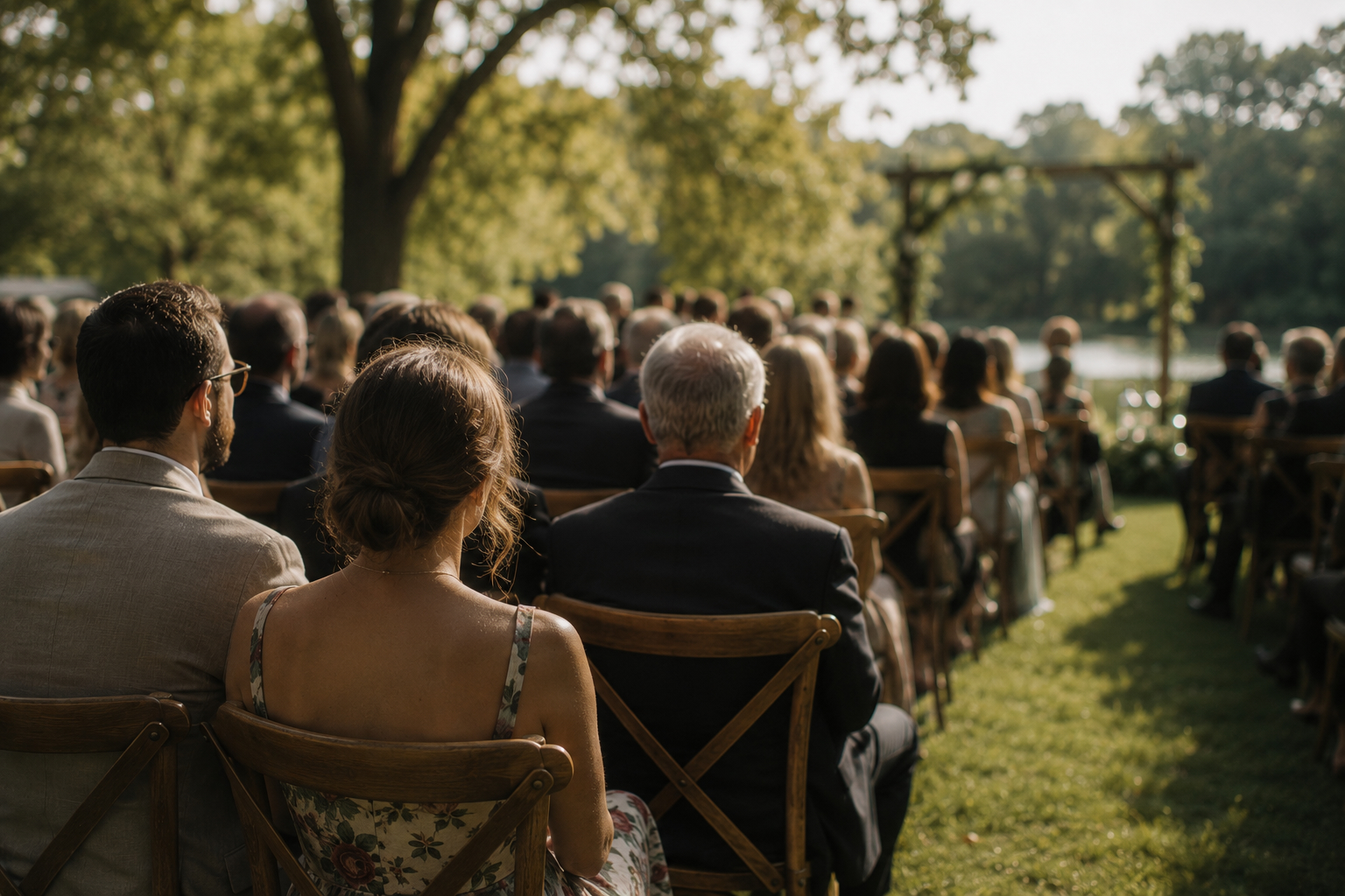 Guests seated in wooden chairs, watching an outdoor ceremony in soft light